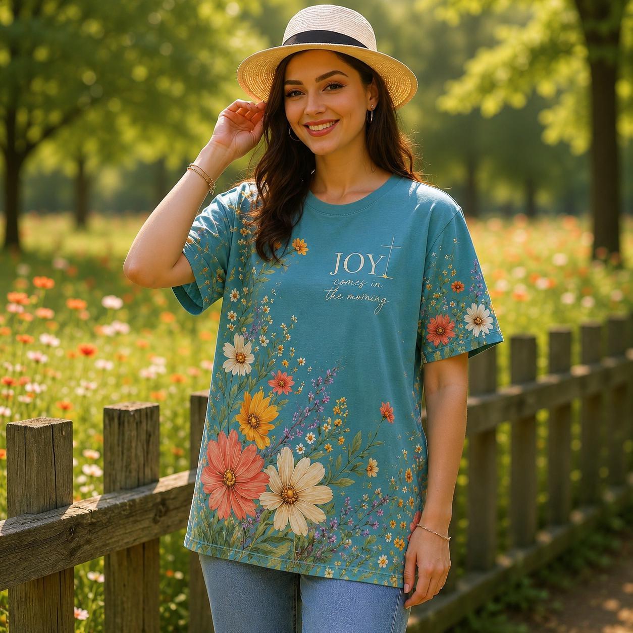 Inspirational Christian Tee Women Faith Based Shirt Floral Design Wildflower Pattern Psalm Scripture Message Joy Comes Morning Teal Background Oversized Fit Church Wear Worship Clothing Bible Study Outfit Spiritual Renewal Gift Christian