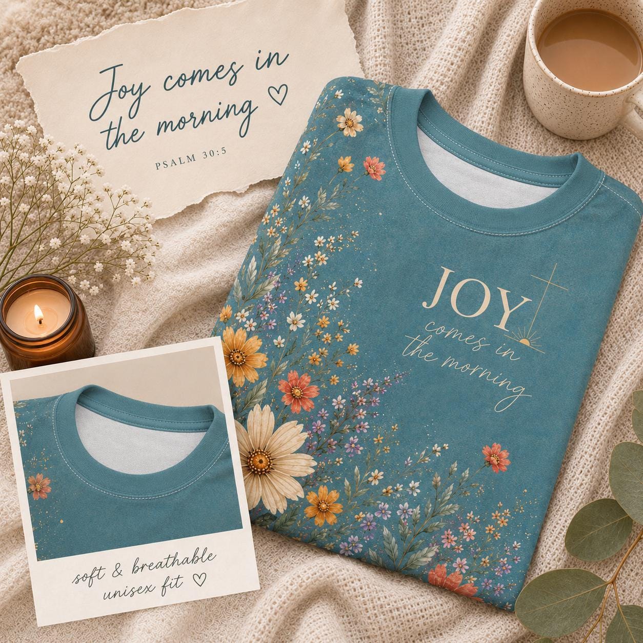 Christian Women Shirt Faith Clothing Inspirational Tee Psalm Scripture Design Floral Wildflower Pattern Teal Vintage Background Joy Morning Message Oversized Fit Worship Wear Church Service Outfit Bible Study Clothing Spiritual Gift