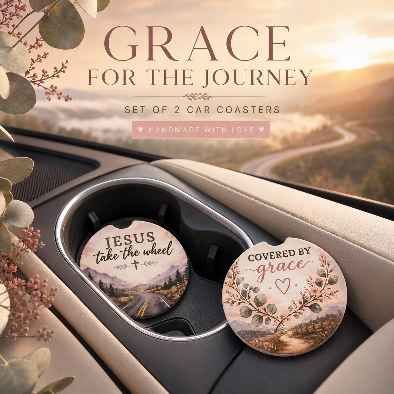 Ceramic Car Coaster Set Christian Faith Cup Holder Accessory Absorbent Cork Backed Design Watercolor Pattern Religious Auto Interior Protection Gift Daily Commute Companion Inspirational Driving Reminder Perfect Present Church Community