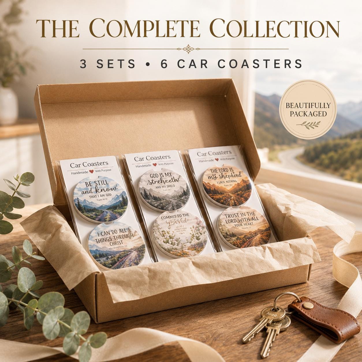 Faith Car Coaster Set Christian Ceramic Cup Holder Accessory Two Piece Collection Daily Driving Companion Watercolor Design Religious Gift Women Absorbent Cork Backed Protection Inspirational Auto Interior Present Church Friend Stocking