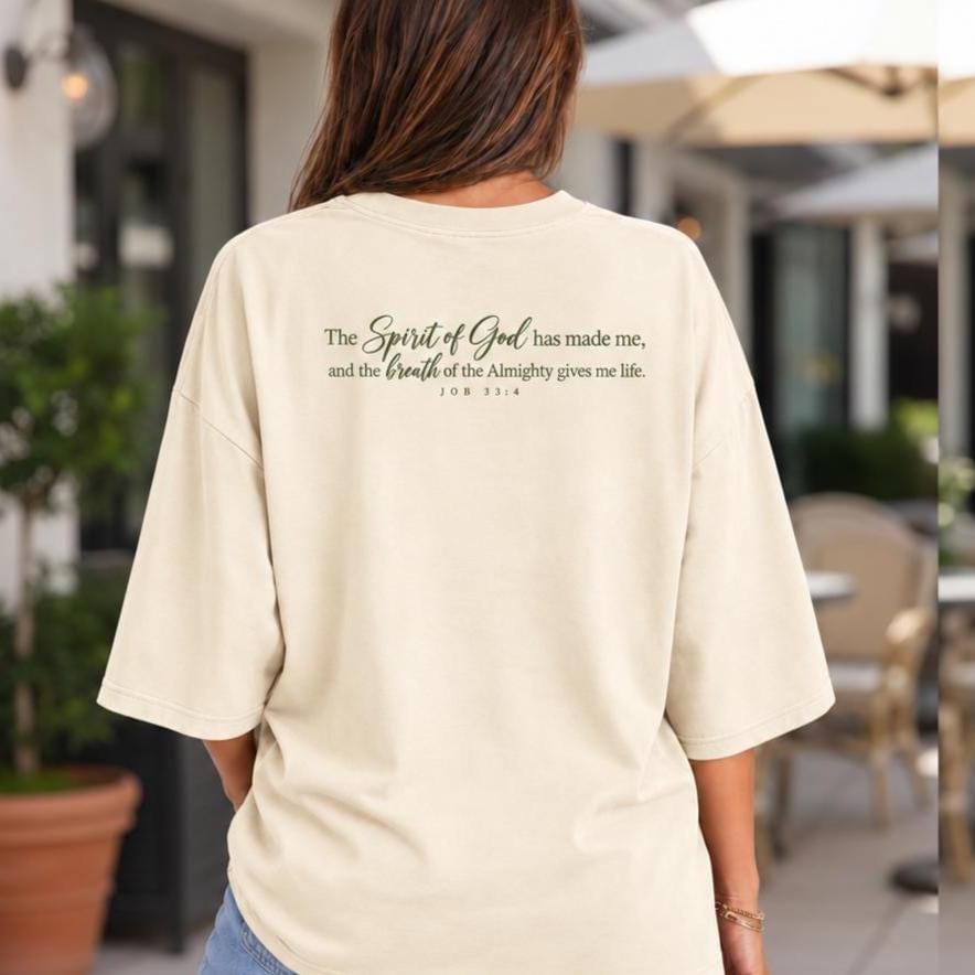 Job 33 4 Scripture Shirt Christian Women Apparel Faith Statement Clothing Bible Verse Design Inspirational Religious Gift Church Service Wear Casual Everyday Outfit Soft Cotton Spandex Blend Relaxed Drop Shoulder Style Three Quarter Sleeves