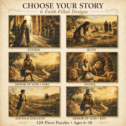 Bible Story Puzzle Kids Perfect Birthday Gift Christian Jigsaw Puzzle Children Ages 6 To 10 Six Design Options Daniel Lions Den David Goliath Esther Ruth Armor Of God Boy Girl Version 120 Piece Puzzle Set Sunday School Activity Game Faith
