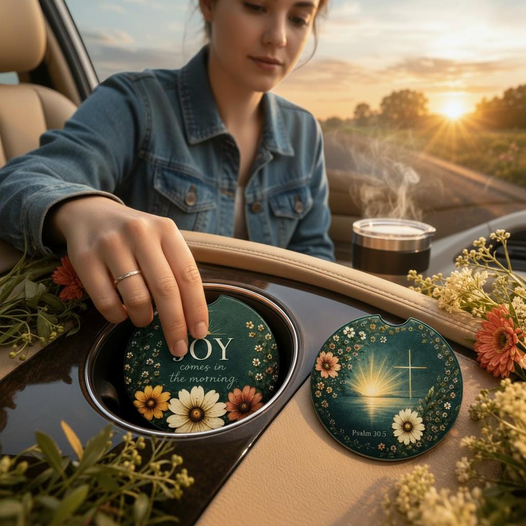 Ceramic Car Coaster Set Christian Faith Accessories Psalm 305 Scripture Design Joy Comes Morning Message Absorbent Cup Holder Protection Cork Backing Vehicle Interior Gift Floral Cross Pattern Durable Construction Standard Fit Inspirational