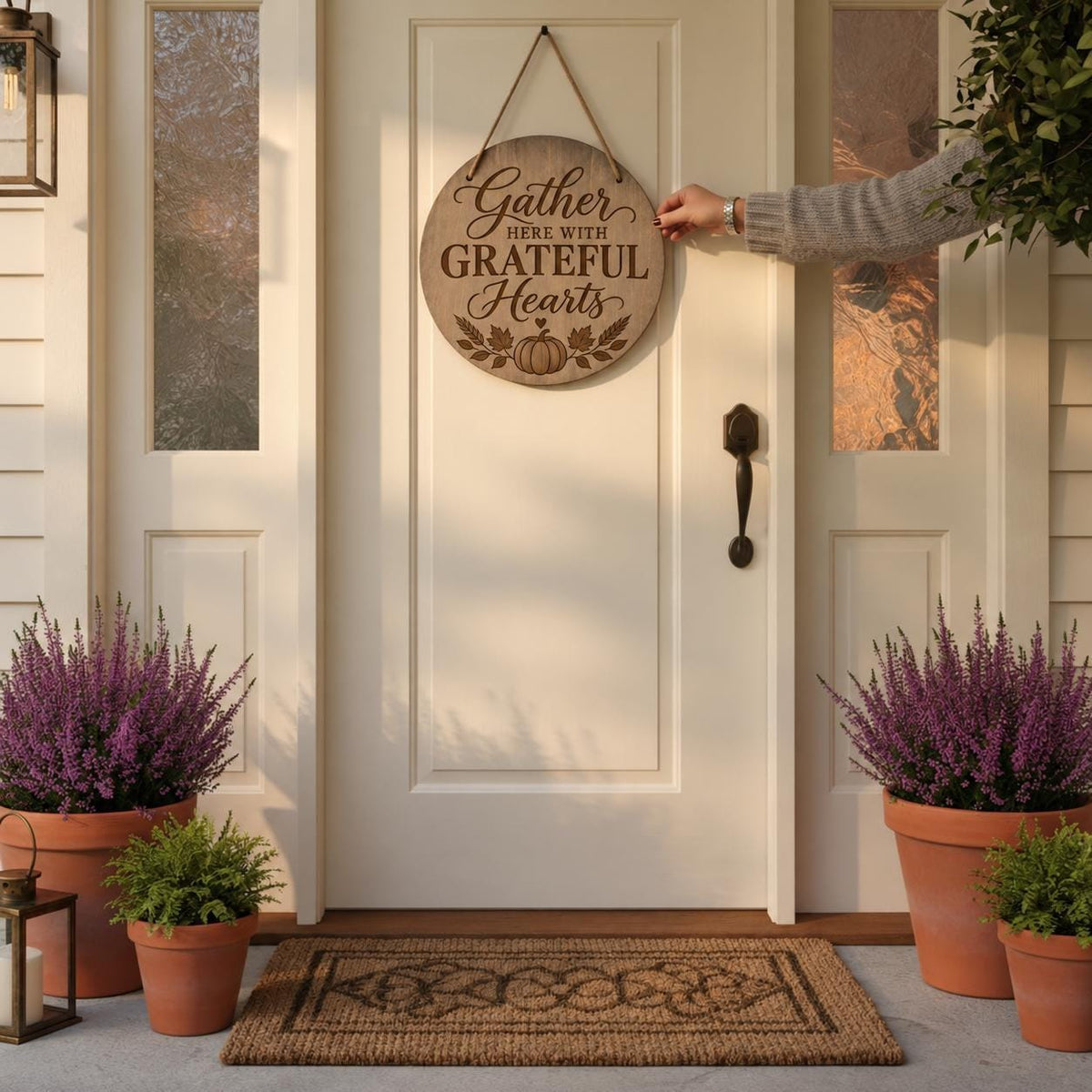 Thanksgiving Door Sign Christian Scripture Wood Round Faith Gift For Fall Front Door Hanger Display Rustic Farmhouse Autumn Styling Grateful Hearts Message Engraved Birch Plywood Jute Rope Ready To Hang Seasonal Home Porch Accent Perfect