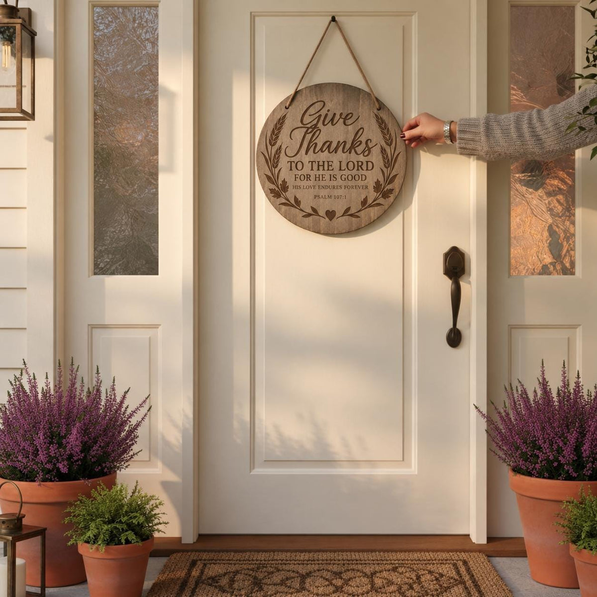 Christian Scripture Sign Wood Round Thanksgiving Door Hanger Fall Faith Gift Grateful Hearts Message Engraved Birch Wood Rustic Farmhouse Front Door Display Autumn Seasonal Styling Porch Accent Jute Rope Ready Hang Perfect Thanksgiving