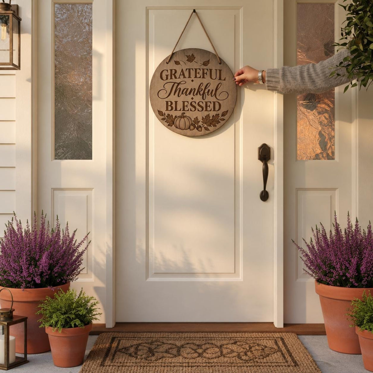 Farmhouse Door Sign Thanksgiving Display Christian Scripture Wood Round Fall Hanger Rustic Autumn Faith Gift For Front Door Porch Styling Grateful Hearts Engraved Message Birch Wood Jute Rope Ready Hang Seasonal Home Accent Perfect