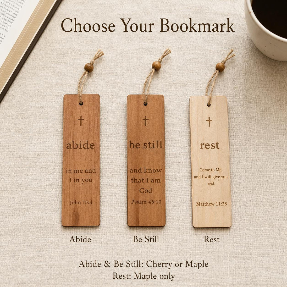 Scripture Bookmark Engraved Faith Prayer Design Handcrafted Wooden Bible Marker Cherry Maple Wood Choice Olive Wood Bead Detail Perfect Daily Devotional Reading Christian Bible Study Essential Inspirational Church Gift Baptism Confirmation