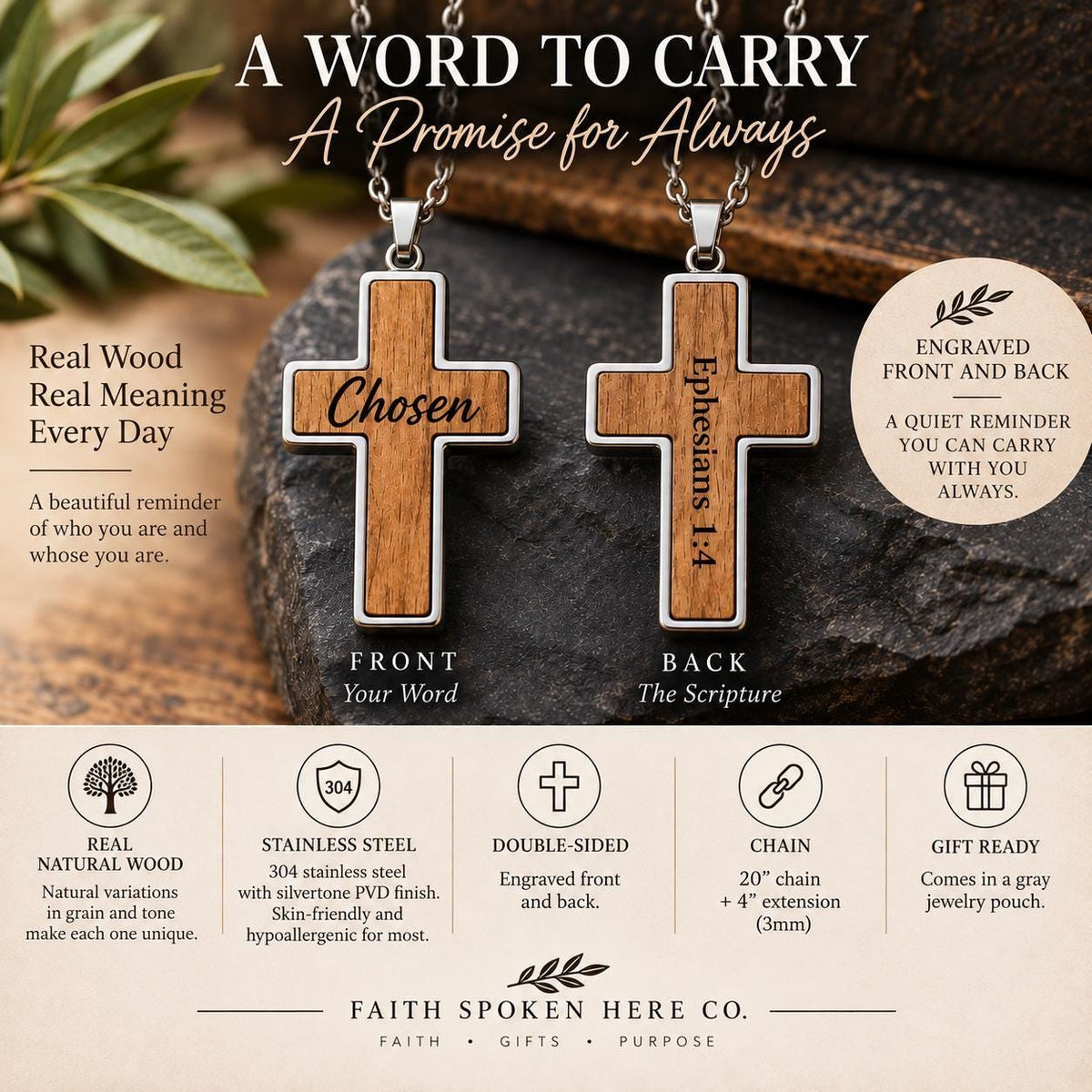 Engraved Faith Pendant Personalized Cross Necklace Two Sided Custom Design Christian Jewelry Women Wood Inlay Scripture Reference Religious Keepsake Natural Wood Grain Silvertone Stainless Steel Frame Baptism Gift Confirmation Present