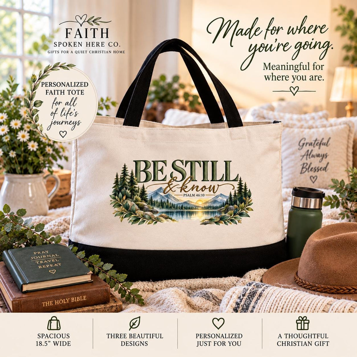 Personalized Christian Tote Bag Canvas Weekender Design Psalm 46 10 Scripture Verse Mountain Lake Watercolor Scene Botanical Wreath Border Faith Based Accessory Bible Study Travel Bag Church Service Essential Christian Women Gift Baptism