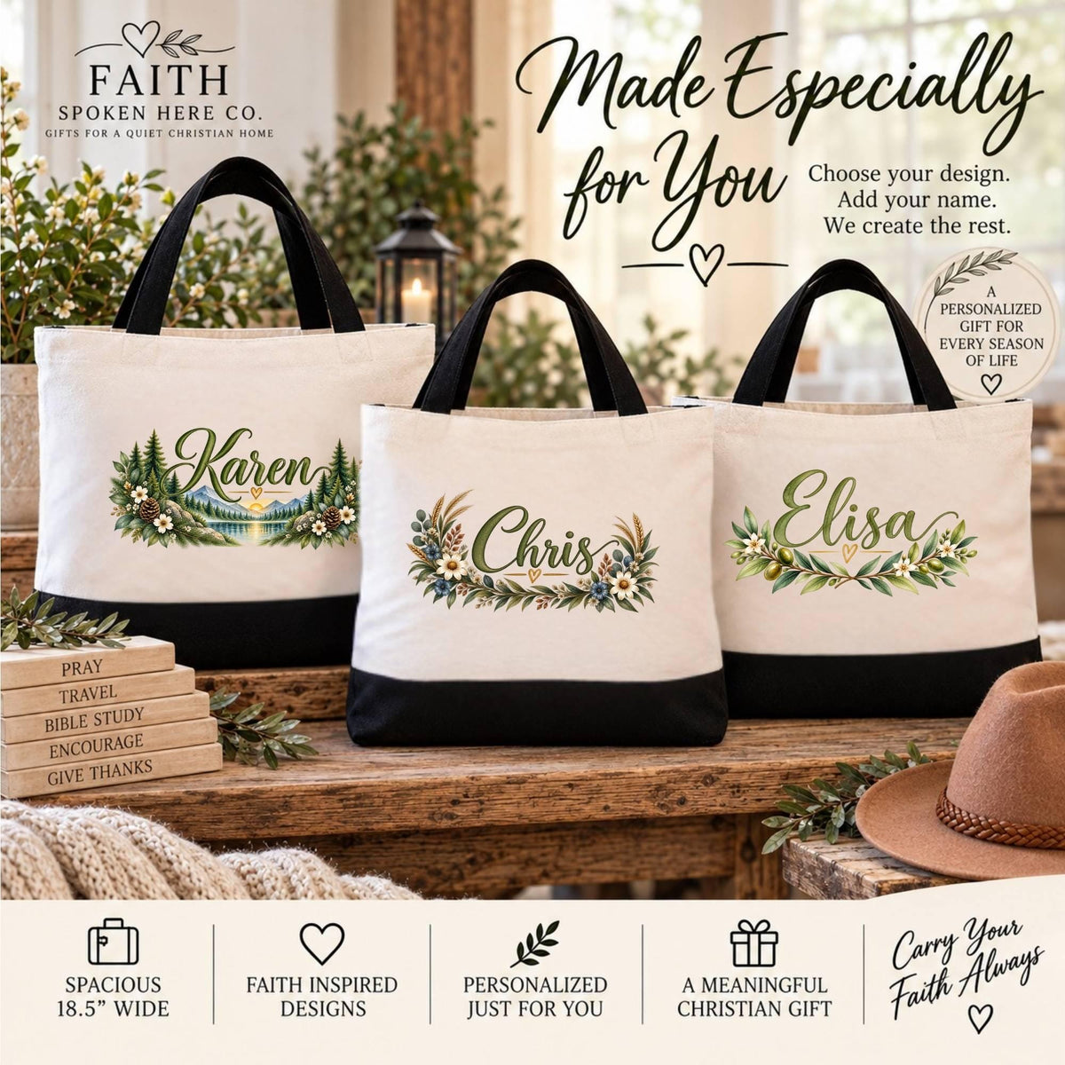 Christian Women Gift Personalized Canvas Tote Bag Psalm 46 10 Scripture Verse Design Baptism Present Confirmation Keepsake Faith Based Accessory Watercolor Mountain Lake Scene Botanical Wreath Border Bible Study Carrier Church Service