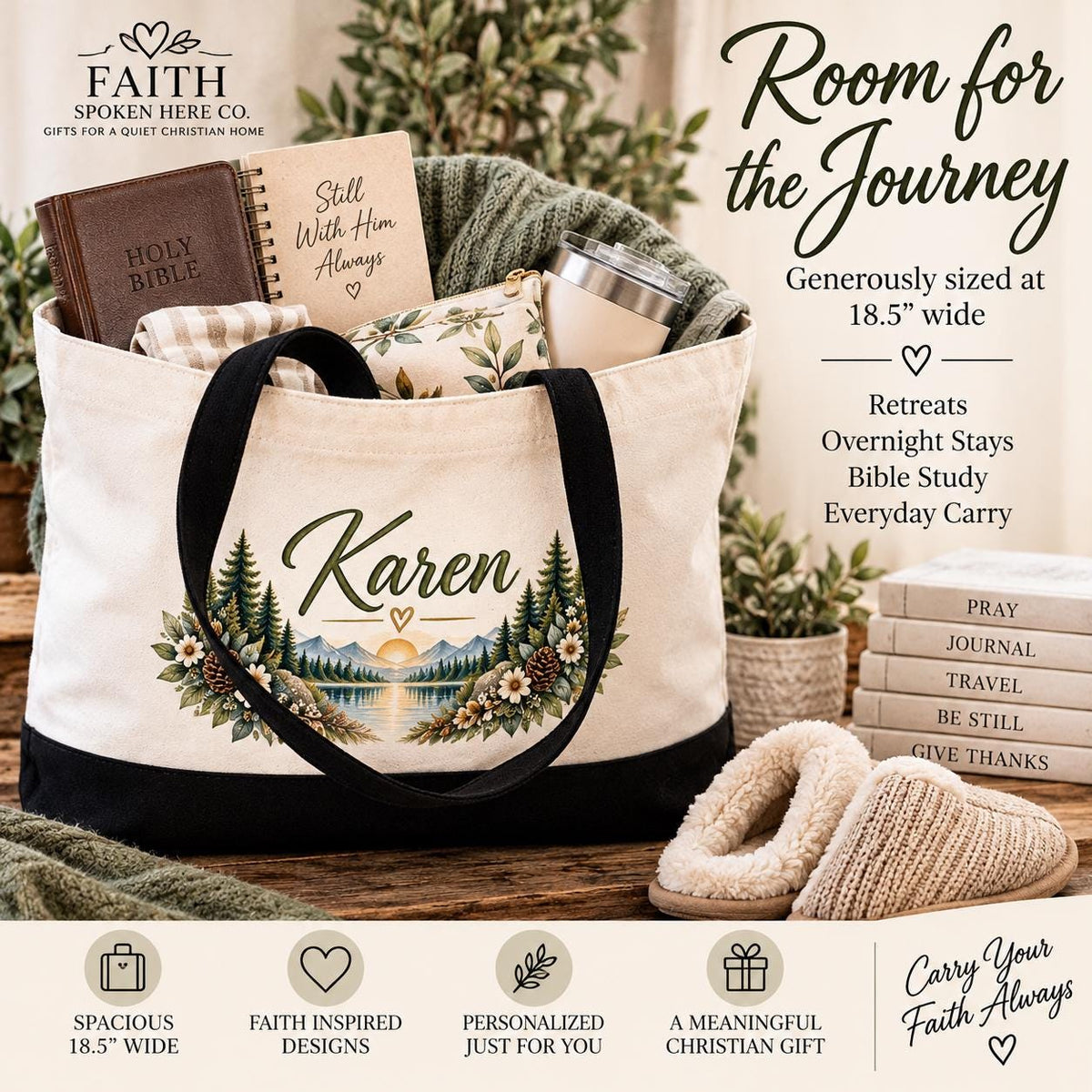 Watercolor Mountain Lake Design Christian Tote Bag Personalized Canvas Weekender Psalm 46 10 Scripture Verse Botanical Wreath Border Pine Tree Nature Scene Faith Based Accessory Bible Study Travel Bag Church Service Essential Christian