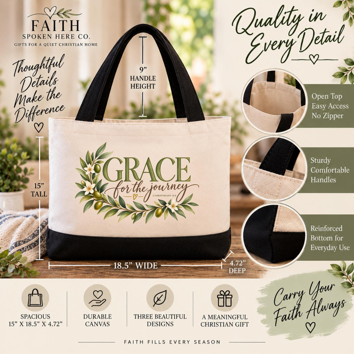 Faith Journey Companion Canvas Tote Bag Personalized Christian Design Psalm 46 10 Mountain Lake Watercolor Scene Daily Devotional Carrier Bible Study Travel Bag Church Service Essential Botanical Wreath Border Christian Women Accessory