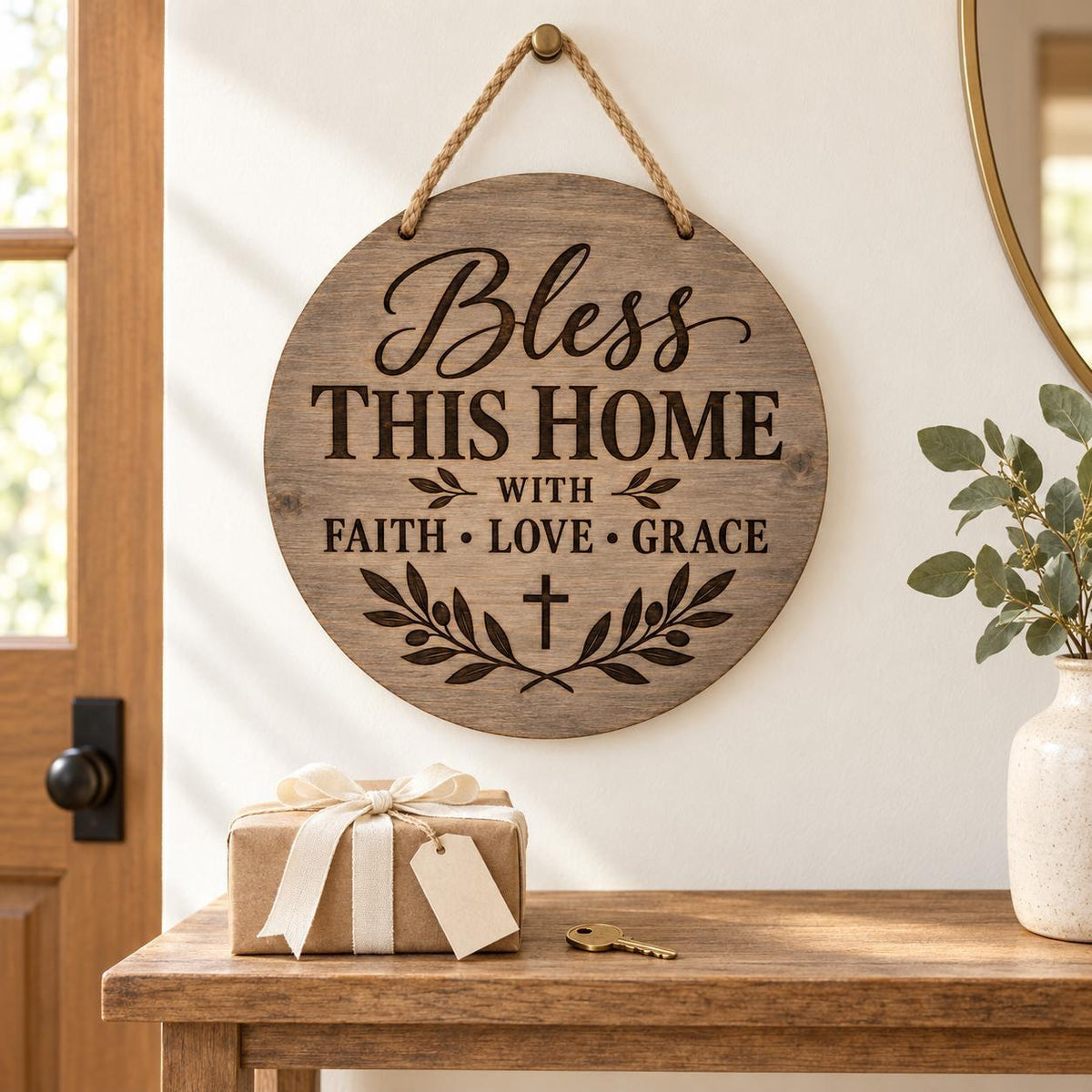 Christian Wall Sign Scripture Wood Plaque Faith Home Display Blessed Home Gift Religious Wall Hanging Rustic Farmhouse Style Engraved Birch Plywood Round Wooden Decoration Cross Design Laurel Wreath Pattern Jute Rope Hanger Entryway