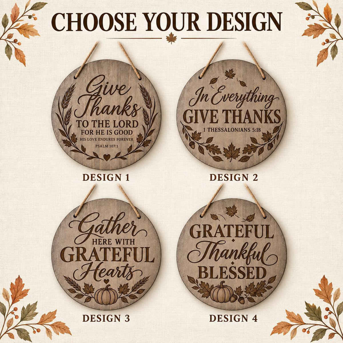 Rustic Wood Round Door Hanger For Thanksgiving Front Door Sign Display Christian Faith Scripture Message Give Thanks Engraved Design Fall Autumn Porch Styling Farmhouse Home Gift Present Jute Rope Ready Hang Seasonal Front Door Accent Birch