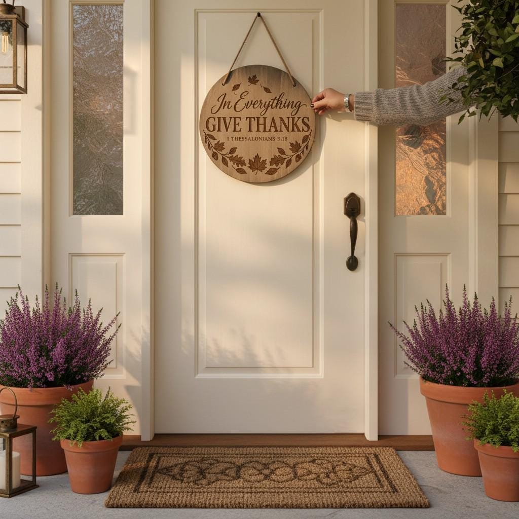 Fall Front Door Sign Thanksgiving Christian Faith Wood Round Hanger Display Rustic Farmhouse Autumn Porch Styling Gift Scripture Message Grateful Hearts Engraved Birch Plywood Construction Jute Rope Ready To Hang Seasonal Home Perfect