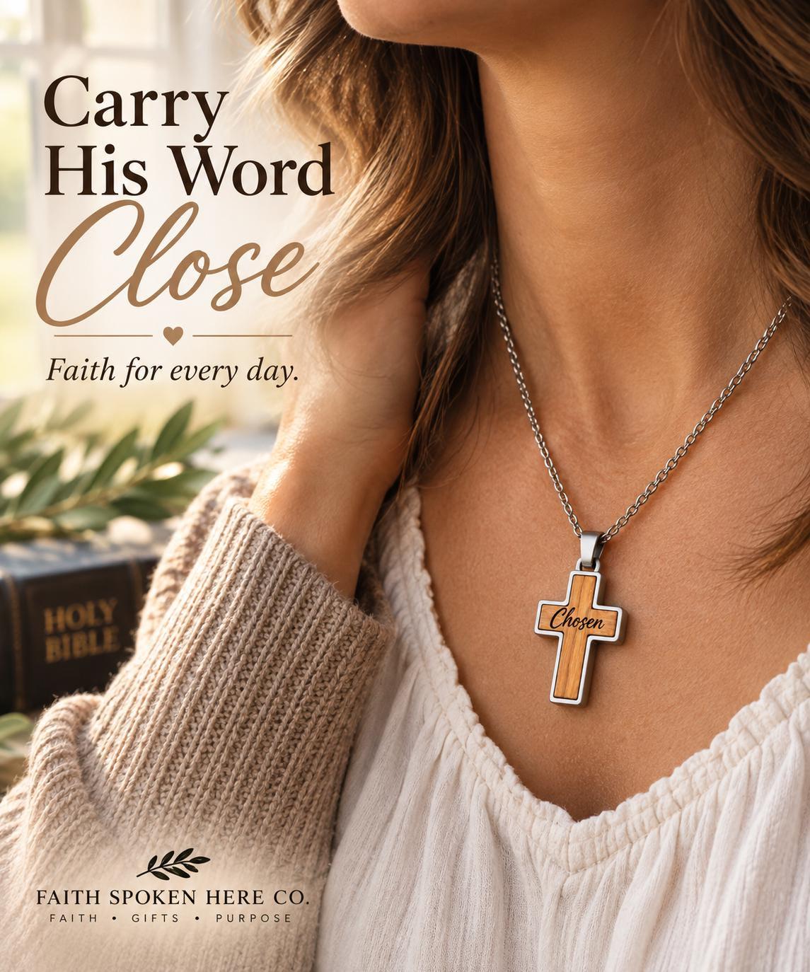 Custom Scripture Jewelry Personalized Faith Necklace Wood Cross Pendant Engraved Bible Verse Design Christian Keepsake Women Religious Gift Natural Wood Grain Inlay Two Sided Engraving Front Personalization Back Scripture Reference