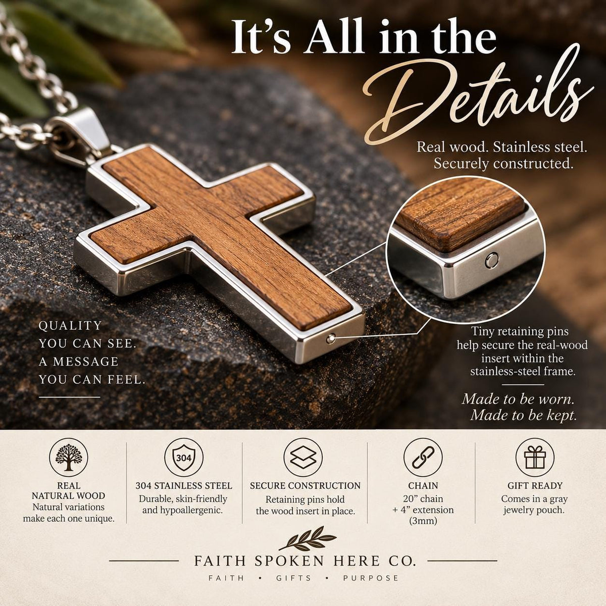 Wood Cross Necklace Personalized Scripture Pendant Custom Engraving Faith Jewelry Christian Gift Women Natural Wood Inlay Religious Keepsake Baptism Present Confirmation Gift Two Sided Design Front Personalization Back Bible Verse Stainless