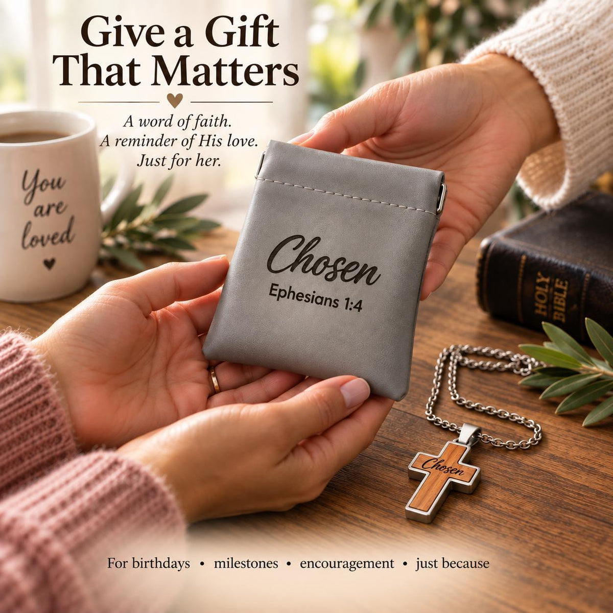Christian Jewelry Gift Personalized Cross Pendant Scripture Reference Necklace Custom Wood Inlay Faith Keepsake Women Religious Accessory Baptism Confirmation Present Spiritual Milestone Celebration Two Sided Engraving Natural Wood Grain