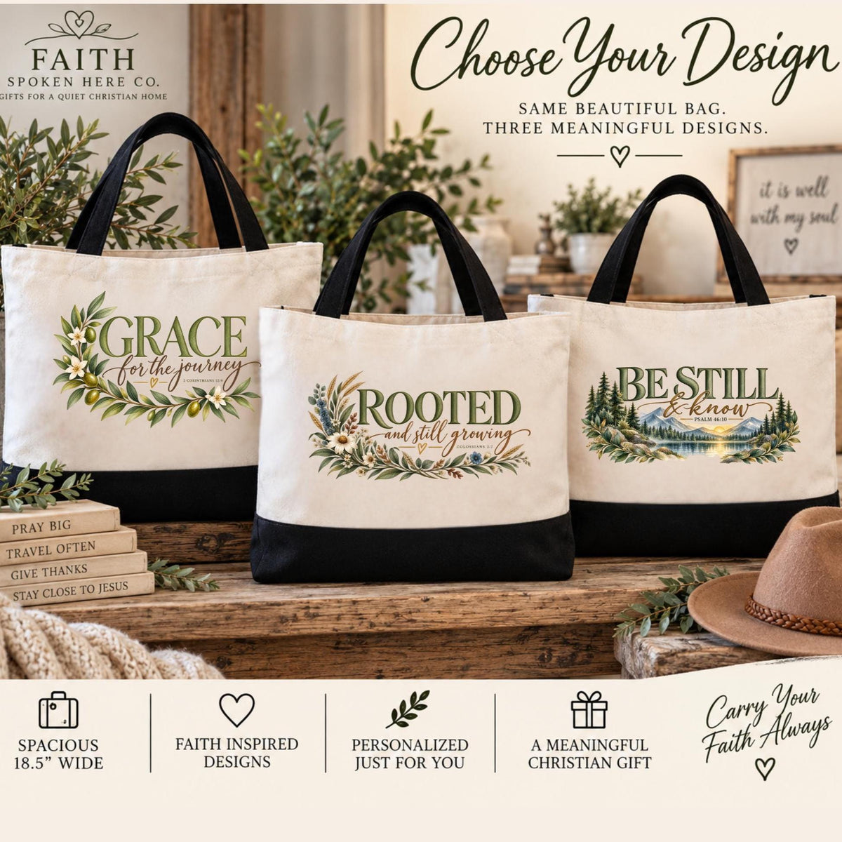 Bible Study Travel Bag Canvas Weekender Tote Personalized Christian Design Psalm 46 10 Mountain Lake Scene Watercolor Botanical Wreath Faith Journey Companion Church Service Essential Christian Women Accessory Retreat Weekend Bag Daily