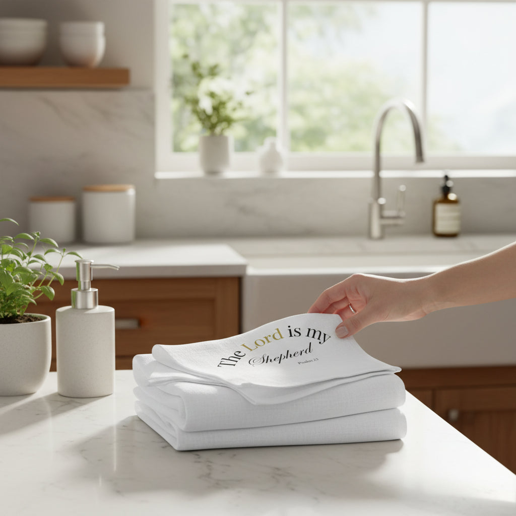 White towels with 'The Lord is my Shepherd' text on a kitchen counter.