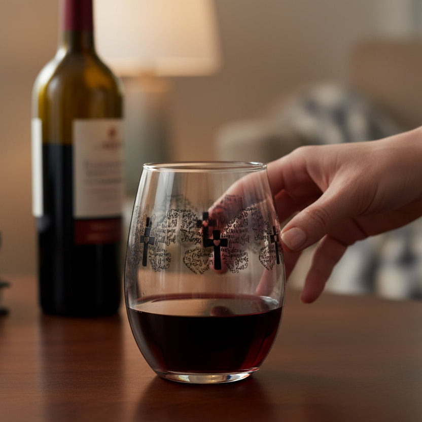 Hand holding a wine glass with a bottle of wine in the background on a wooden table.