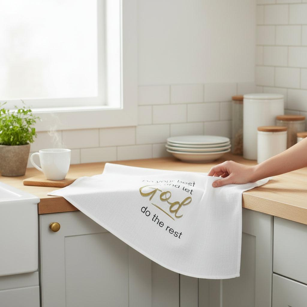 Kitchen scene with a towel draped over a counter, featuring text.