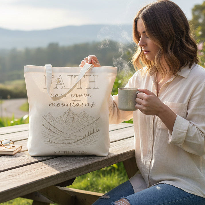 Woman sitting at a picnic table with a tote bag and mug, surrounded by nature.