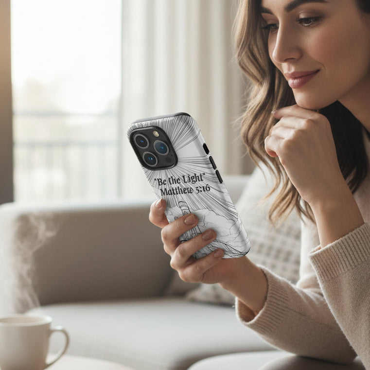 Woman holding a phone with a 'Be the Light' case in a cozy living room.