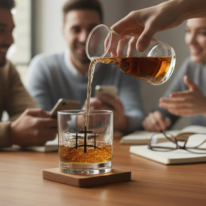 Person pouring a drink into a glass with friends in the background