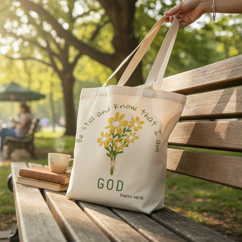 Tote bag with floral design and text on a bench in a park
