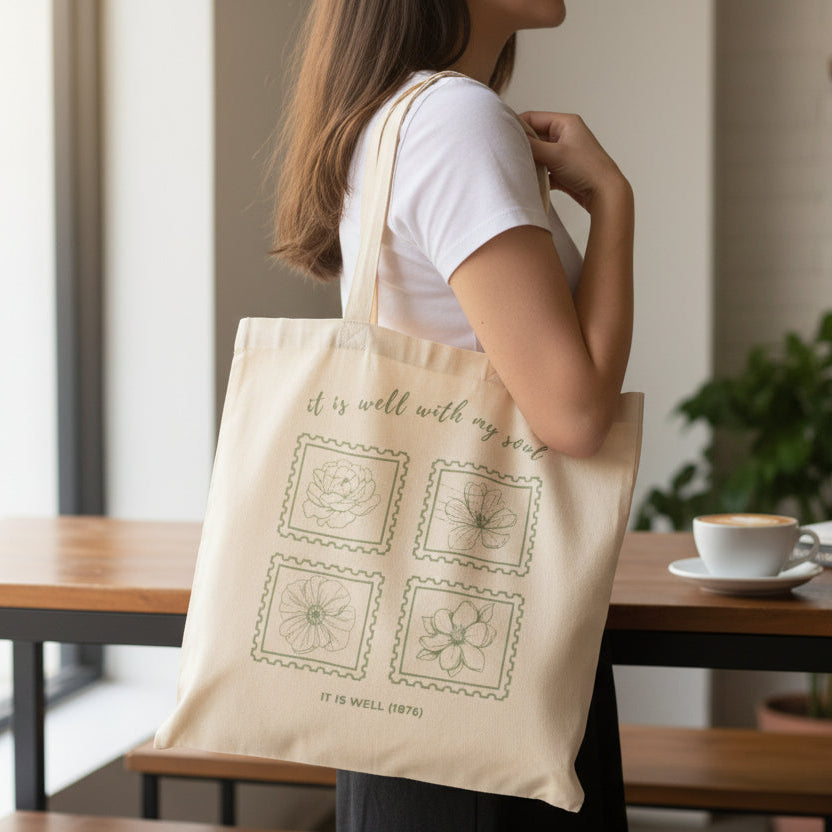 Person holding a tote bag with a design and text in a cafe setting
