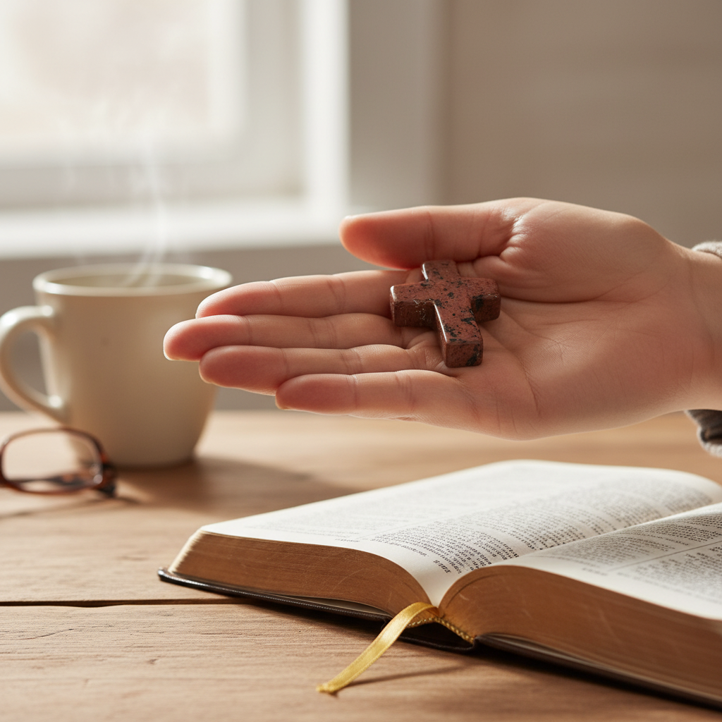 Hand holding a cross pendant over an open book with a cup of tea in the background