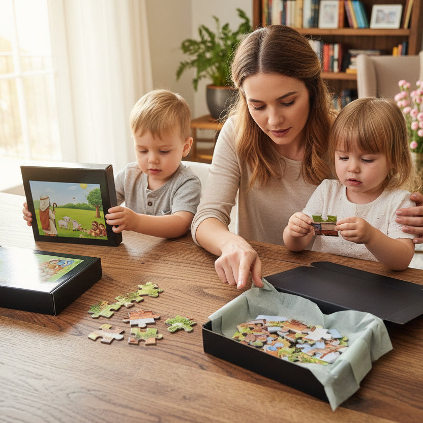 Woman and two children playing with puzzle pieces on a wooden table in a living room.