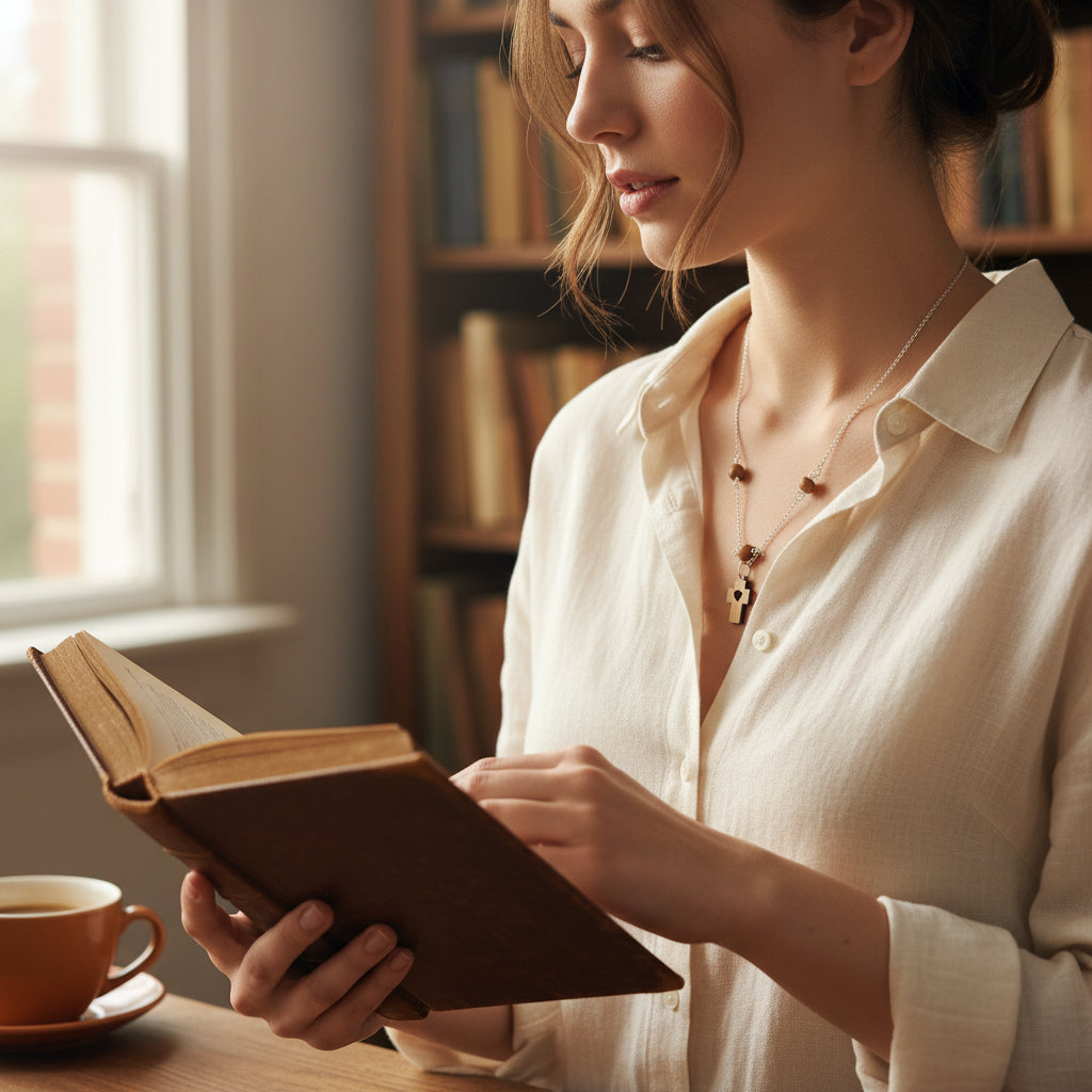 Woman reading a book in a cozy room with a window and bookshelf in the background.