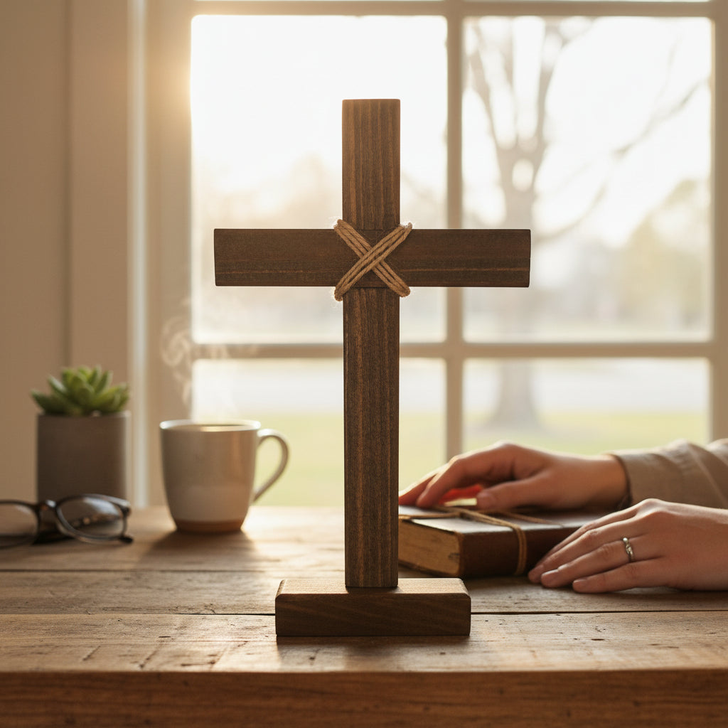 Wooden cross on a table with a person reading a book, cup, and glasses in the background.