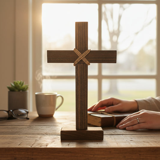 Wooden tabletop cross displayed in a home