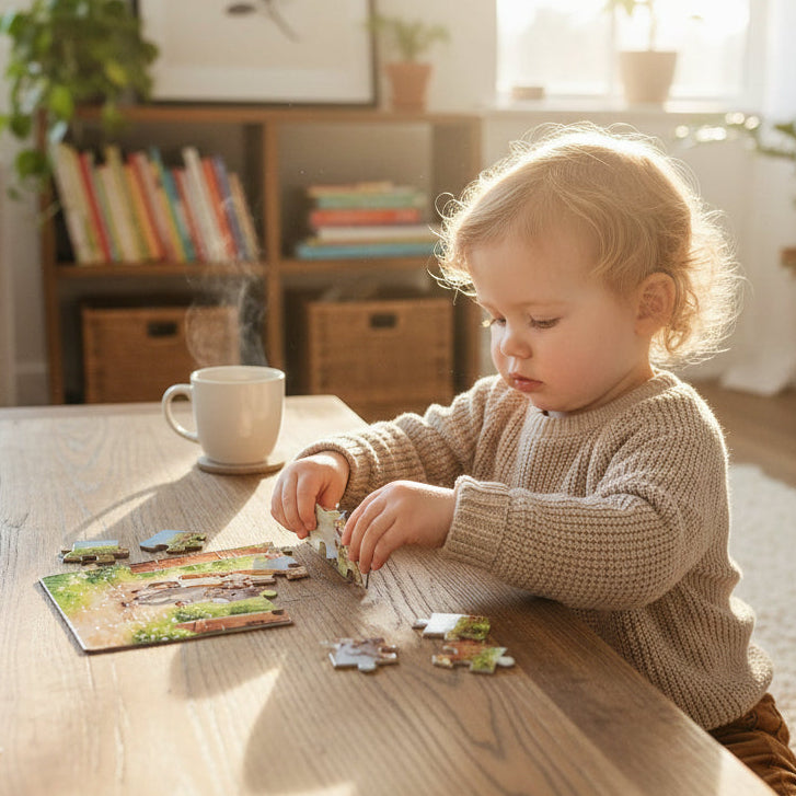 Child playing with puzzle pieces on a wooden table in a cozy living room.