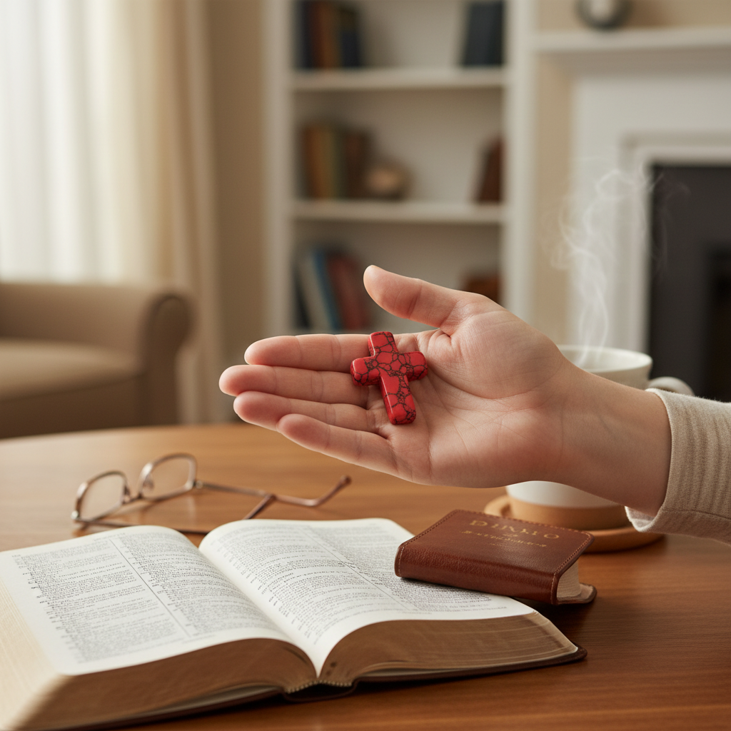 Hand holding a red cross with an open book and glasses on a table in a cozy room.