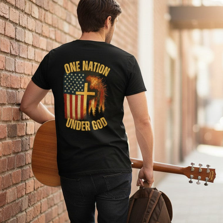 Christian Patriotic Shirt Faith Freedom Tshirt American Flag Cross Design Religious USA Apparel Premium DTG Printed Vintage Heritage Bold Statement Inspirational Message Text Church Event Clothing Memorial Day Veterans Day Fourth July