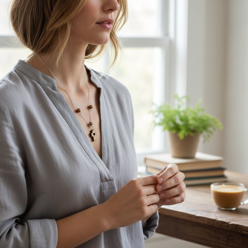 Woman in a gray shirt holding a cup of coffee in a cozy indoor setting.