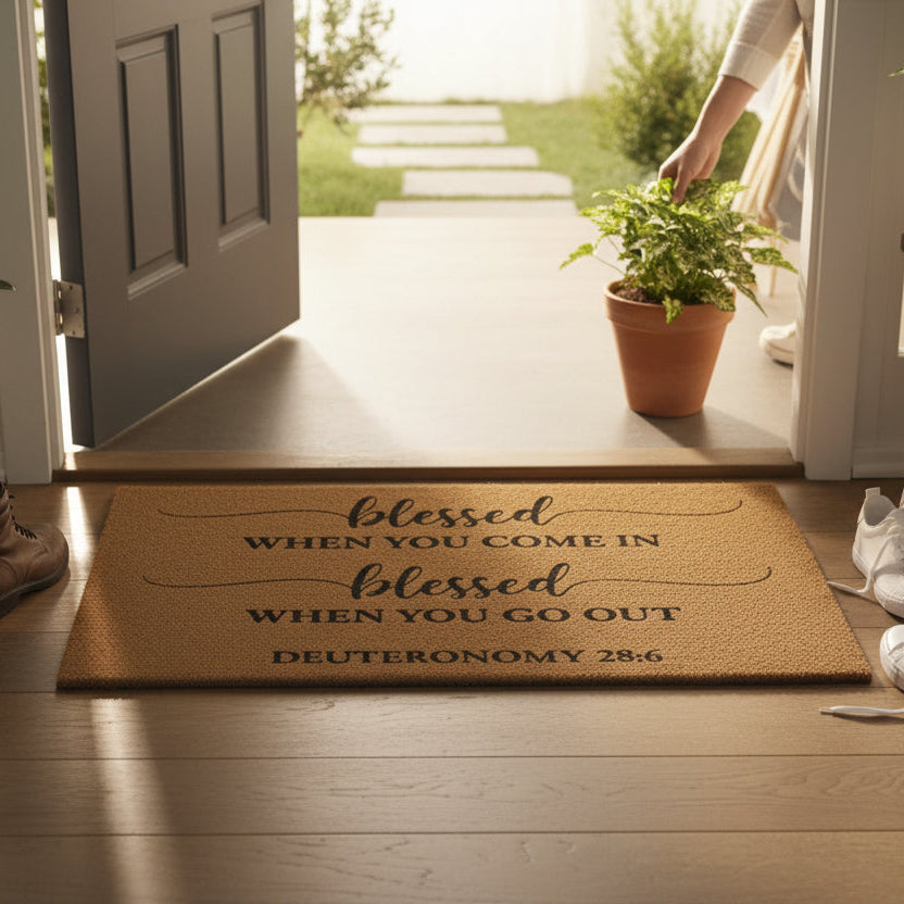 Doormat with inspirational quote on a wooden floor, open door leading outside.