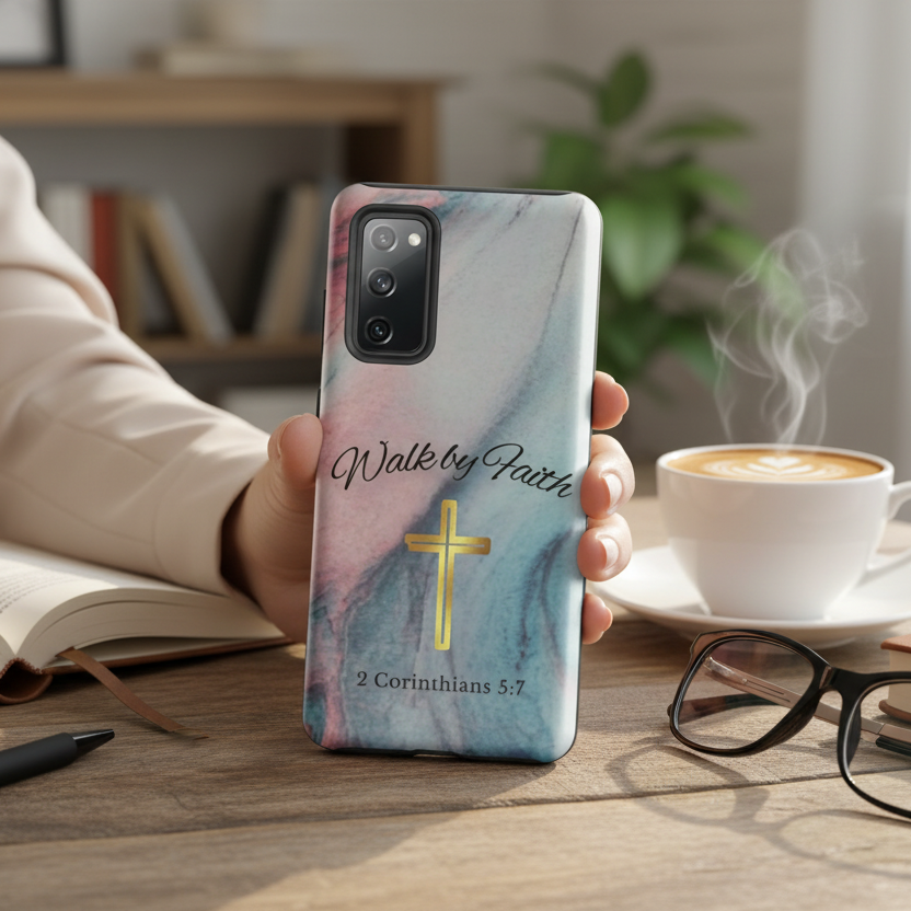 Person holding a phone with a 'Walk by Faith' case, surrounded by books and a cup of coffee.