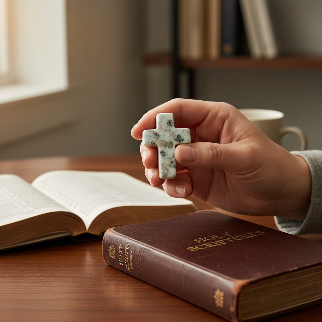 Hand holding a small cross over a Bible on a wooden surface.