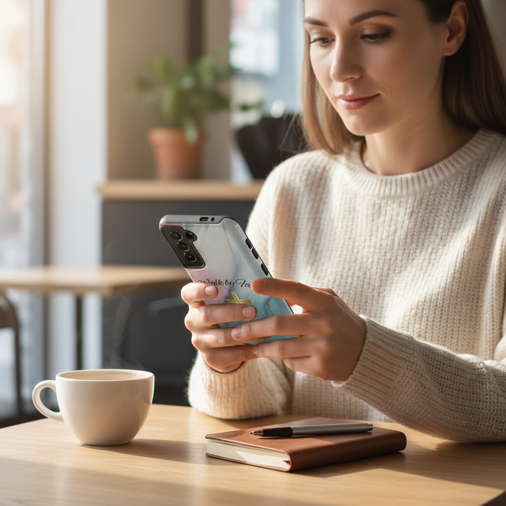 Samsung Galaxy Tough Phone Case – Walk by Faith Scripture Design with Gold Cross | 2 Corinthians 5:7 Christian Faith Phone Cover - Heavenly Treasures