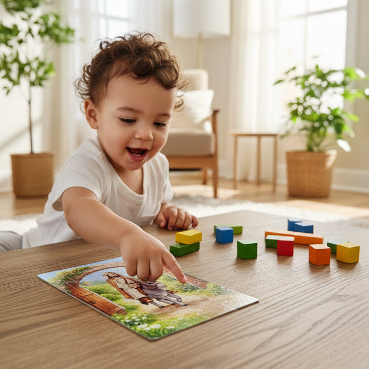 Child playing with colorful toys on a wooden table in a bright room.