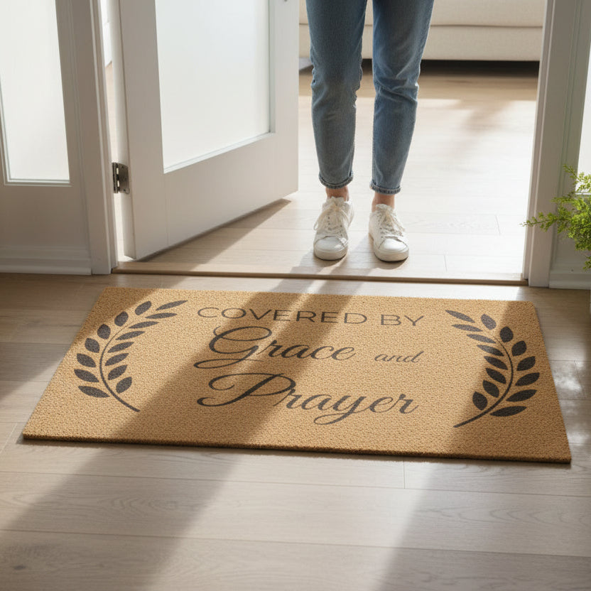 Doormat with 'Covered by Grace and Prayer' text on a wooden floor, person entering through glass door.