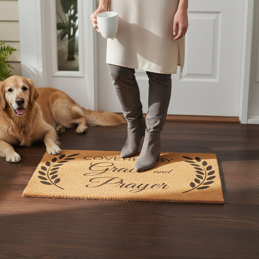 Person with a dog on a doormat with 'Love, Grace, and Prayer' text in a home setting.