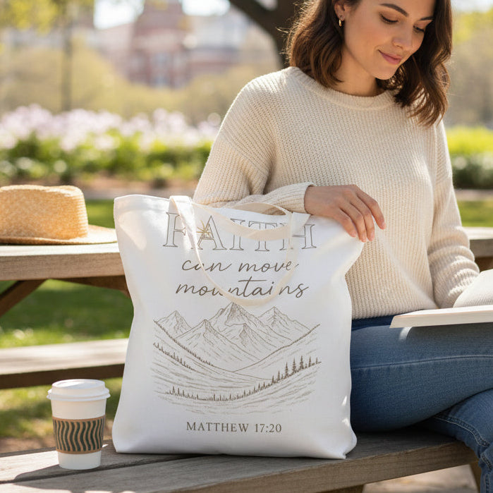 Woman sitting on a park bench with a tote bag and book, surrounded by nature.