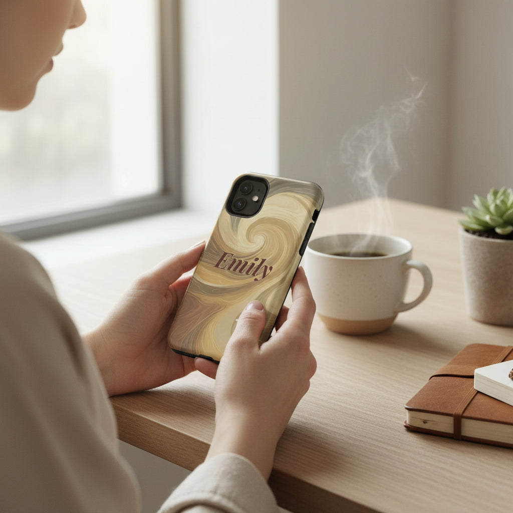 Person holding a phone with a marble case next to a steaming cup of coffee on a wooden desk.