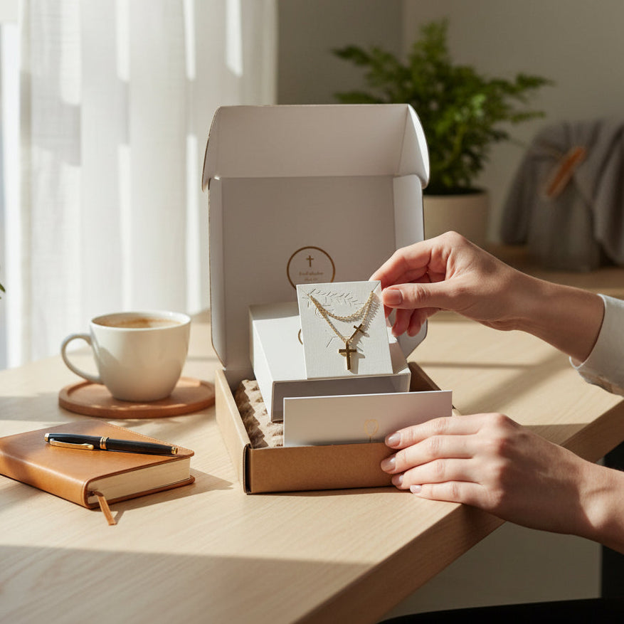 Person opening a jewelry box with a necklace on a wooden table.